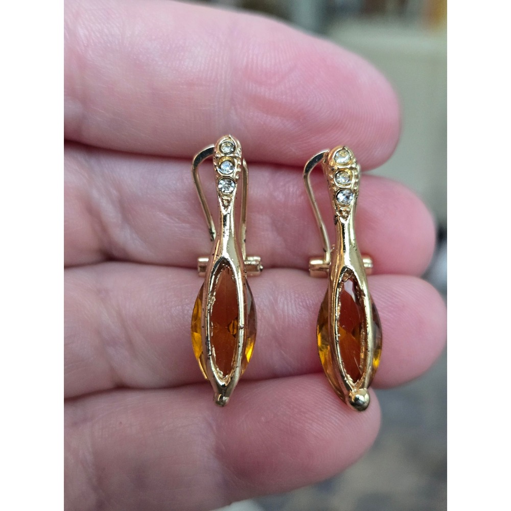 Marquis Earrings Goldtone Rhinestones Amber Color Vintage